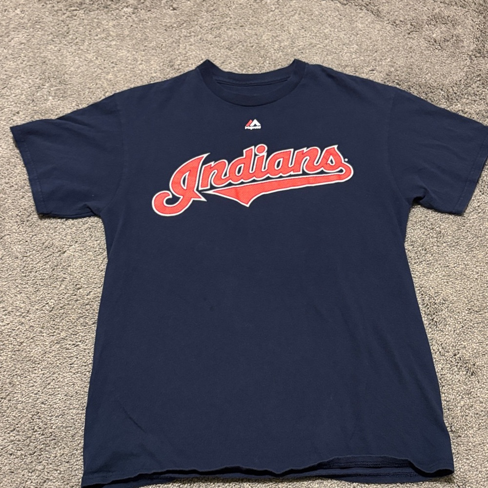 Majestic Cleveland Indians Kluber #28 Navy Blue Logo T-Shirt
